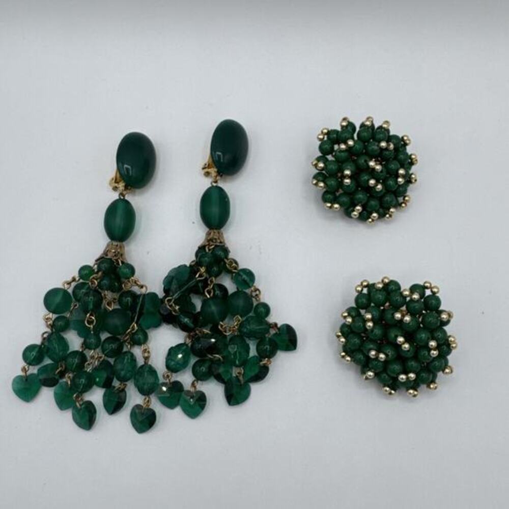 Vintage Green Beaded Cluster Earring Set | Mid-Century Style Jewelry
